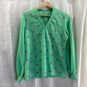 Vintage Sweater‎ Womens M Green Floral Embroidered Knit Long Sleeve 70s 80s